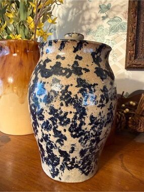 Vintage Indigo Blue & Tan Handmade Stoneware Crock With Lid